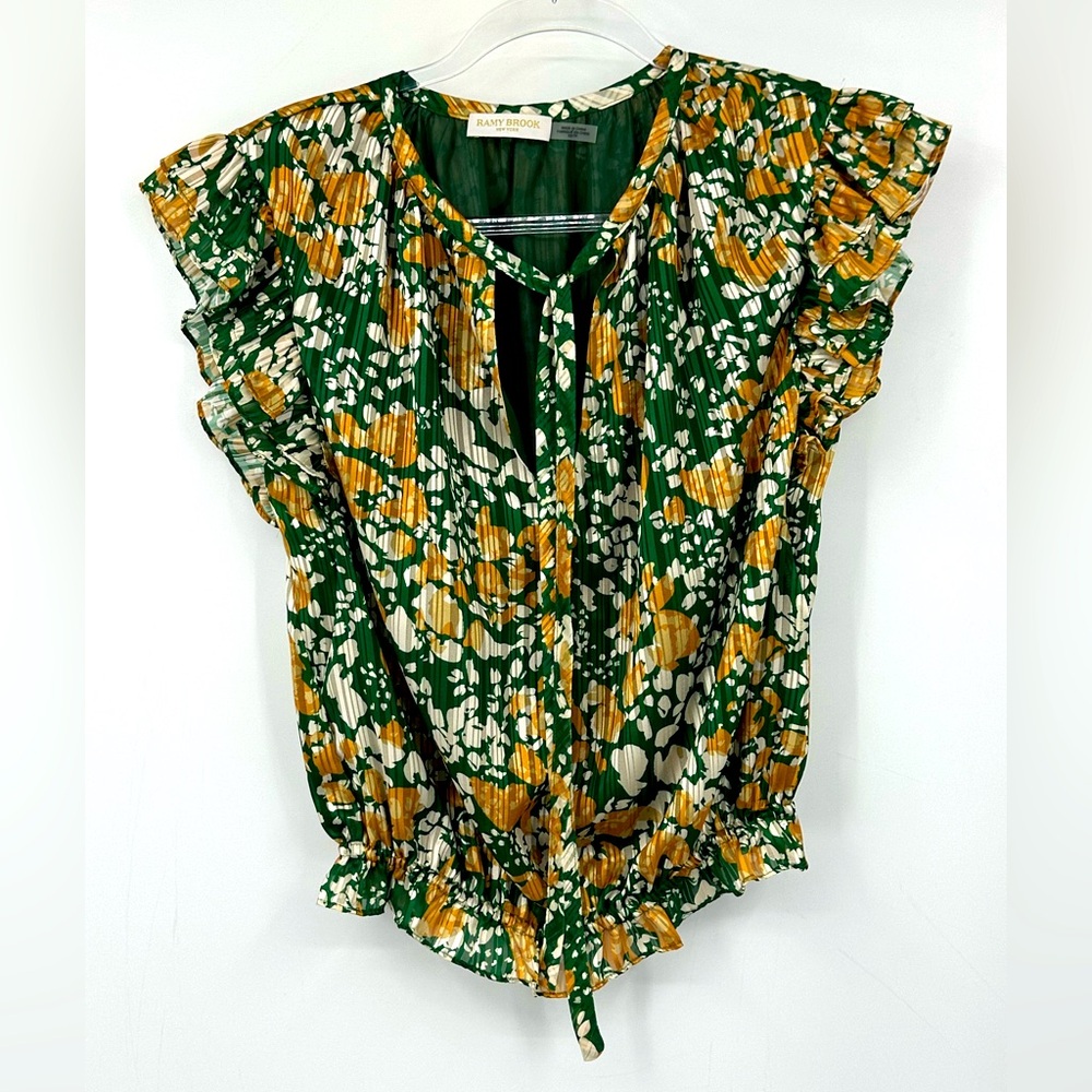 Ramy Brook Ruffled Flutter Sleeve Blouse Green Yellow Blouse Top XS Spruce Dot